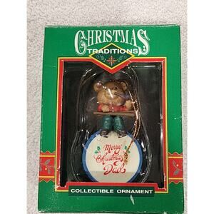 Vintage Lustre Fame Christmas Traditions Ornament DAD Teddy Bear Drumset Pipe